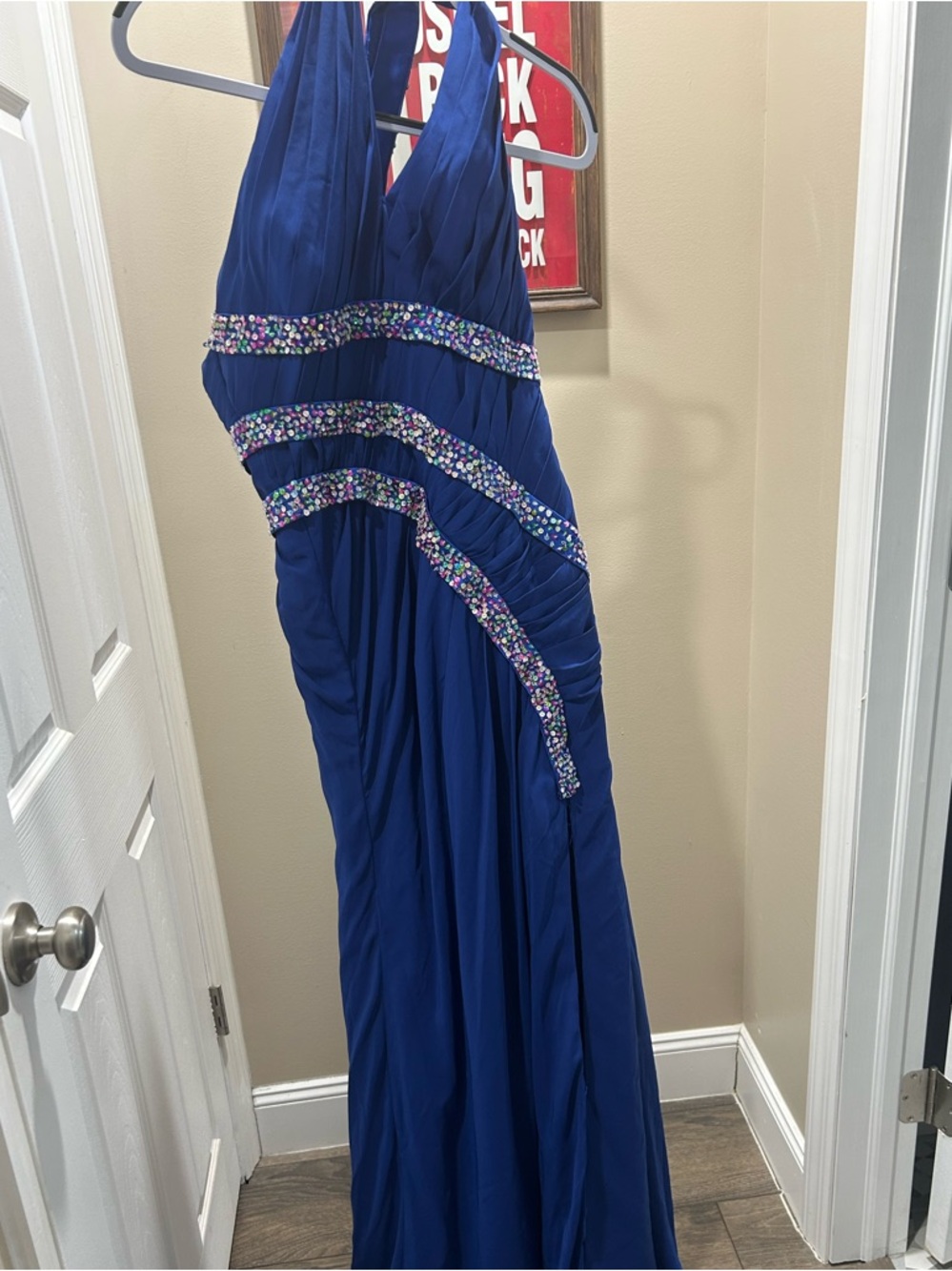 Jensen House Royal Blue Beaded Halter Prom Gown